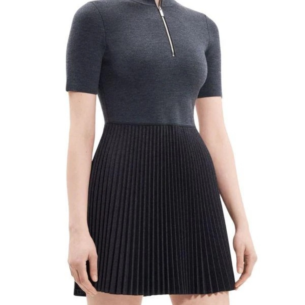 Theory Zip-Up Combo Dress in Blended Wool Flannel